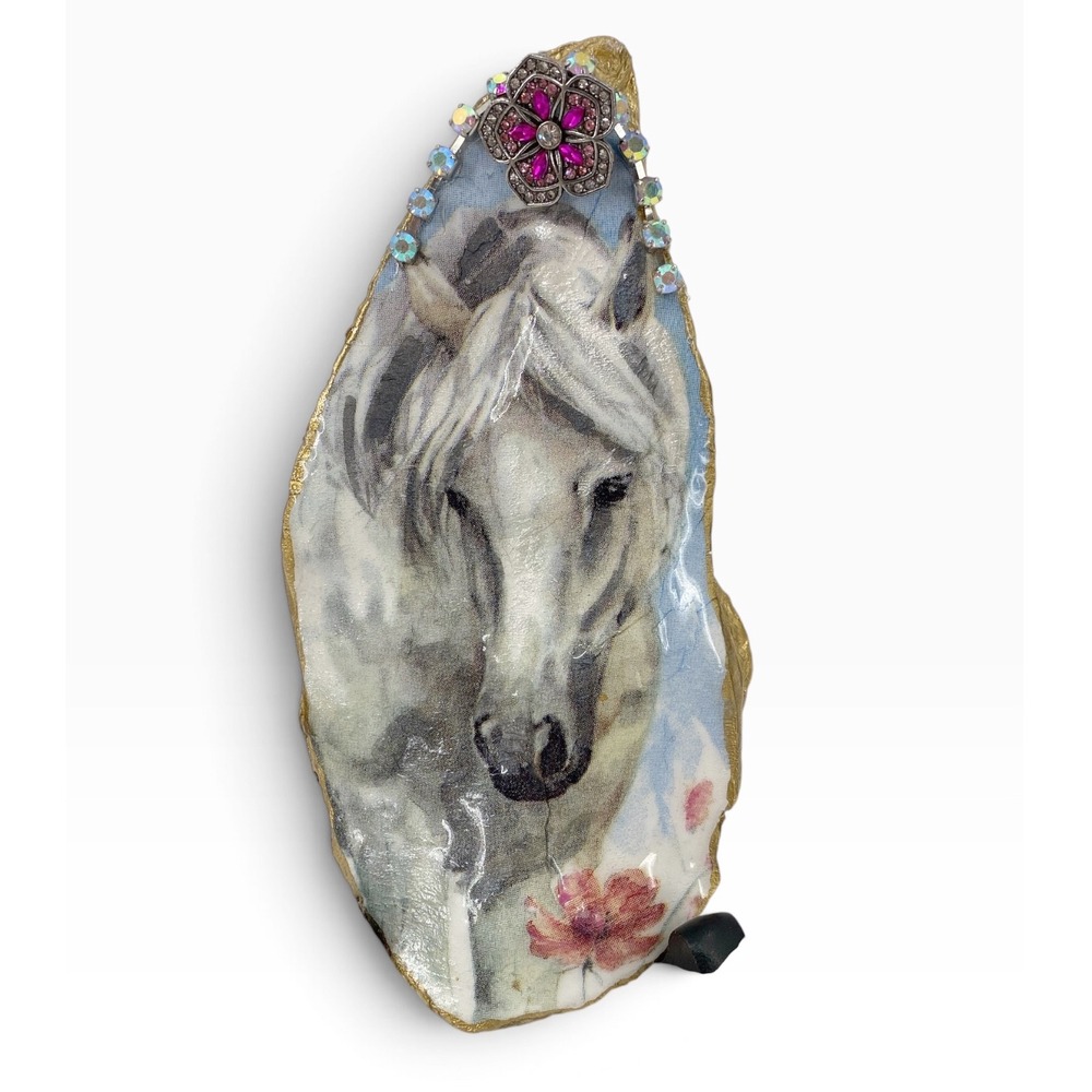 Handmade Decoupage Oyster Shell Art White Horse Equestrian Decor Gold Gilded